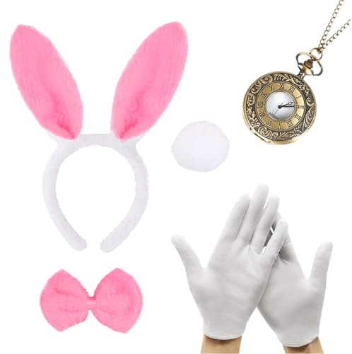 XNIVUIS 5 Pièces Ensemble de Costume Lapin Accessoires de Costume de Lapin Oreilles de Lapin Noeud Papillon Gants Queue de Lapin Horloge pour Journée Mondiale du Livre Carnaval Halloween Fête(Rose)