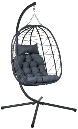ALEOS. Rattan Geflecht Korb Hängesessel mit Gestell komplett inkl. großem dickem Polster, Indoor und Outdoor, Modell Milos