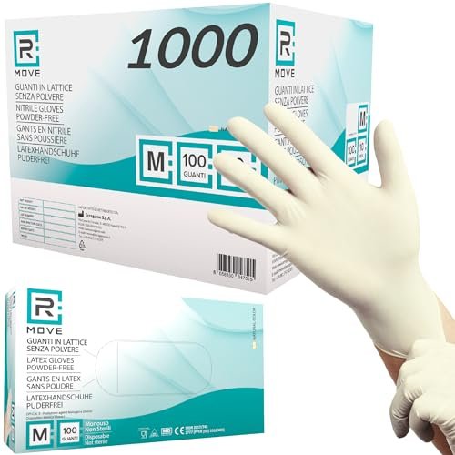 R MOVE 1000 Guanti in Lattice monouso 5,7gr senza polvere, alta sensibilità sia al tatto che al palmo, guanti usa e getta in lattice, 10 scatole da 100 guanti, dispostivo medico (1000, M)