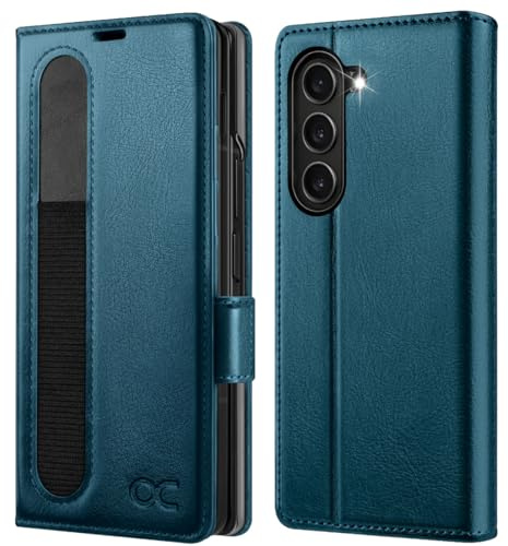OCASE Étui Coque pour Samsung Galaxy Z Fold 6 Bleu Paon | Coque à Rabat, Housse Portefeuille en Cuir PU, Blocage RFID, 4 Fentes pour Cartes, Support Intégré, Protection Antichoc