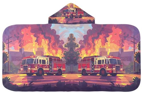 OWFKAY Kapuzenhandtuch für Kinder, Feuerwehr, Van, Strandtuch, Badetuch, 127 x 59,7 cm
