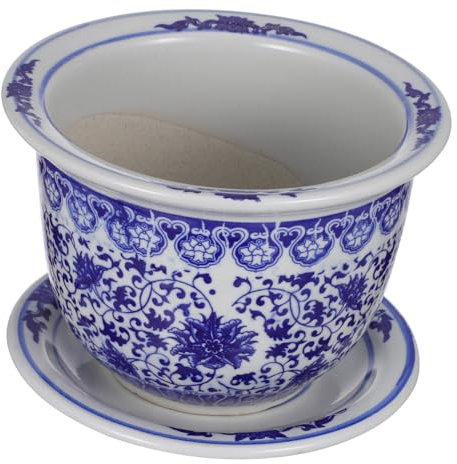 POPETPOP 2 Piezas Macetero De Porcelana Azul y Blanca Maceta Macetero De Interior con Bandeja Plantas Redondo Jardineras De Vivero Azul Cerámica