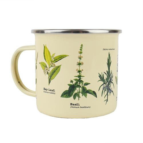 Gift Republic Herbs Enamel Mug, Outdoor Camping Cup, 500 ml Metal Coffee Cup Herb Plant Design Gift Idea