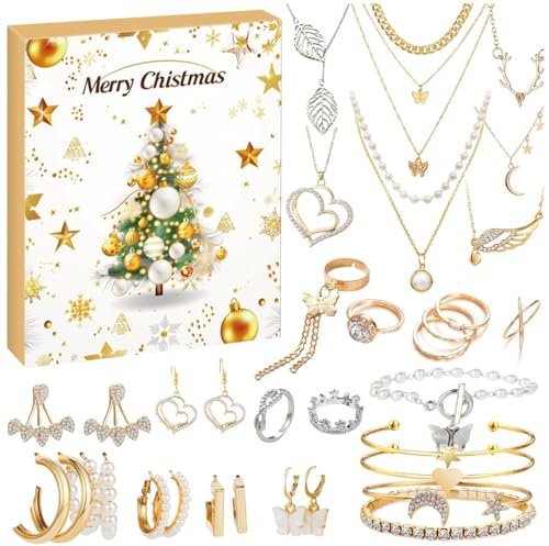Adventskalender 2024 Weihnachtsschmuck, Weihnachtskalender Schmuck Damen, 24 Stücke Weihnachtskalender Schmuck Geschenk Für Frauen, Einschließlich Exquisiter Halsketten, Armbänder, Ohrringe, Ringe