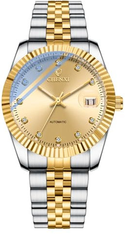 JewelryWe Herrenuhr Leuchtende Automatik Uhren: 30m Wasserdicht Kalender Automatische Mechanische Armbanduhr Herren Edelstahl Armband Automatikuhr mit Gold Diamantskala Zifferblatt