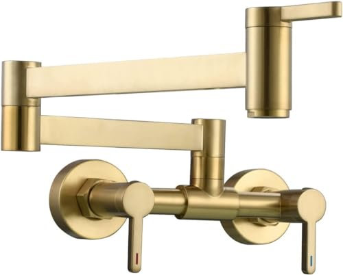 Wandmontage-Topffüller-Wasserhahn, gebürstetes Gold, Topffüller-Wasserhahn for kaltes und heißes Wasser, klappbarer Wasserhahn mit Doppelgelenk-Schwenkarm, kommerzielle Restaurant-Küchen-Mischbatterie