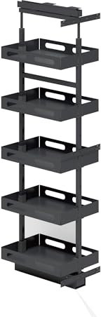 Highdecora Kitchen Larders Pull Out Solid Grey Finish Baskets, D49cm Soft Close Heavy Duty Ball Bearing Slide Out, Storage Cabinet, Internal Matt, Adjustable Height 6 Layers (W140mm-W200mm_Cabinet)