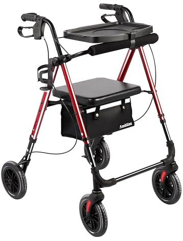 Ambliss Rollator Walker with Seat & Tray - 300 lbs Capacity, 8 All-Terrain Puncture-Proof Wheels, Detachable Front Tray for Dining, Dual Height Adjustable, Lightweight Folding Walker for Seniors