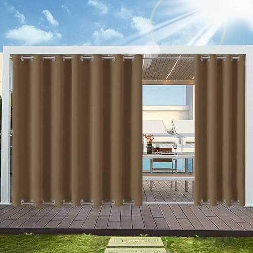 Outdoor Vorhang Wetterfest mit ösen Oben und Unten (Nach Mass), Wasserdicht Wetterfest Vorhang Sonnenschutz Sichtschutz Gardine für Außen Terrasse Balkon Vorhalle, 1 Stück 90X200cm Leichter Kaffee