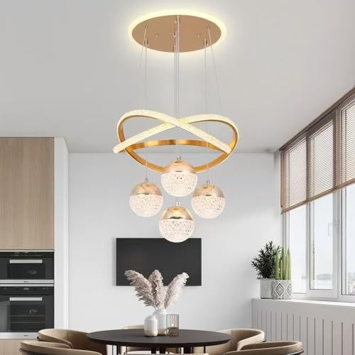 RuiRfh Moderne Pendelleuchte Ring 4 Kugel Hängelampe LED Kronleuchter 90W Dimmbar Kristall Höhenverstellbar DIY Decke Dekorative Beleuchtungskörper Geeignet für Esszimmer Wohnzimmer Kücheninsel(Gold)