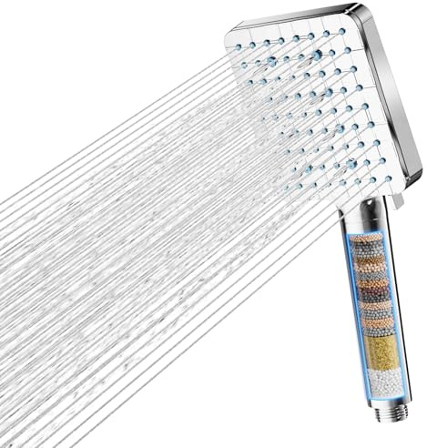 Cobbe Duschkopf mit Filter für hartes Wasser, Hochdruck Handbrause, Quadratischer Duschbrause mit 20-Stufen Filter, 6 Strahlarten, entfernt Chlor & Schwermetalle, Chrom
