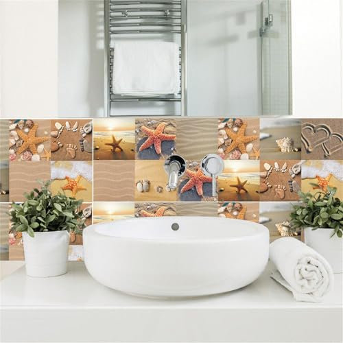 DOTBUY-SHOP Fliesenaufkleber Küche Bad, 3D Sandstrand Seestern Muster Fliesen Aufkleber Badezimmer 24 Stück Wasserdicht Wandpaneele Klebefliesen Küchenrückwand (Sonnenuntergang,20x20cm)