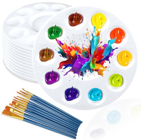 12 Pcs Round Paint Tray Palettes Plastic, Watercolor Palette Painting Tray with 10 Brushes, Reusable Artist Painting Palette, Mini Mixing Pallet for Acrylic Watercolor Oil Gouache or DIY Party