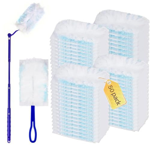 Disposable Duster Set - 50 Refills, Including Long and Short Handles, Microfiber Head, Super Strong Suction, for Home and Office Cleaning