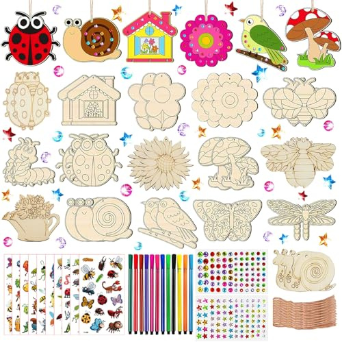 280 Pcs Holztiere Bastelset, Basteln Kindergeburtstag, Holz Basteln Kinder, Kinder Bastelset, mit 32 Holzklötze 32 Schnur 202 Strasssteine 12 Stifte 2 Aufkleber