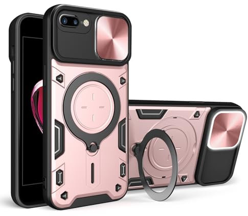 JayModCase For iPhone SE 2022/SE 2020/8/7 (4.7 Inch) Case with Slide Camera Cover & Rotated Ring Kickstand, Military Grade 360° Drop Shockproof Protective Cases for iPhone SE 2020 - Rose Gold