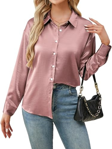 Stamain Camicia Elegante Blusa Donna Button Down di Raso Bottoni Camicetta Maniche Lunghe con Scollo a V Top Aderente in Tinta Unita Rosa S