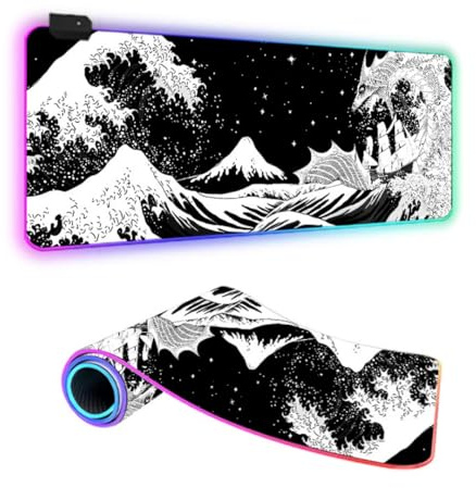 FANSU Japanischer Stil RGB Gaming Mauspad XXL, Groß Multifunktionales Mousepad mit 14 Farben LED-Licht, USB, für Computer PC Laptop Tastatur Professionelle Gamer (Drache,900x400x4mm)