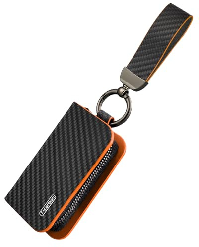 T-carbon Auto Schlüsseltasche aus Echte Kohlefaser, Leder AutoSchlüssel Tasche für Herren,Schlüsselanhänger mit Reißverschluss und Metallhaken,orange