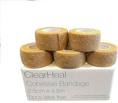 ClearHeal Cohesive Bandages, Beige, Pack of 5 (2.5cm x 4m Latex Free)