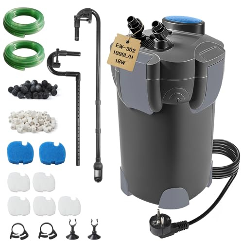 EXLECO Filtre Extérieur Aquarium 1000L/H 18W Pompe Externe D'aquarium Réglable avec Matériau Filtrant, Filtre Bassin Poisson Silencieux avec 3 Étapes de Filtration pour Réservoir Jusqu'à 300 L Noir