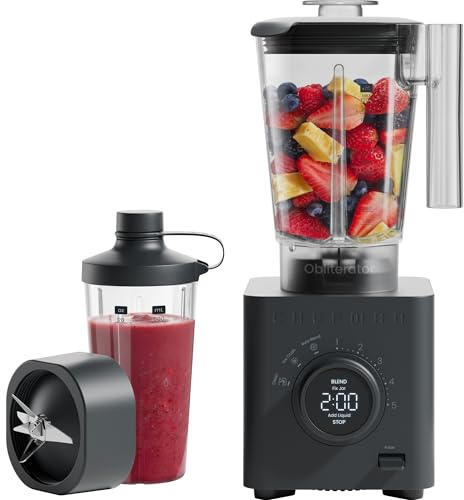 Chefman Obliterator 1.2L Smoothie Blender, Crush Ice, Nuts and Frozen Fruit, 1380W, Stainless Steel Blade, Auto Blend Function, Includes 600ml Travel Jar – Midnight