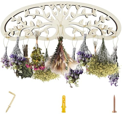 CREATCABIN Séchoir à Herbes Suspendu Bois Forme D'Arbre Vie pour Herbes Séchées Support Mural pour Fleurs Décoration Murale avec 11 crochet et Corde Gain Place pour Jardiniers Séchoir à Plantes Fleurs