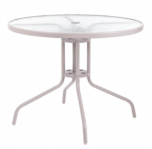 MONTY Mesa de Jardín Redonda Ø 90 cm de Acero Arena con Tablero de Cristal Templado 5mm | Pintura Anticorrosión, Uso Exterior | para 4 Personas | Requiere Montaje | Classic