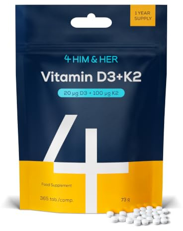 Vitamin D3 K2 Tablets (800 IU + 100µg MK7) – 365 Small Easy to Swallow UK Made Vegan Vitamin D Supplement (1 Year Supply) – Bone Health, Teeth, Muscle & Immune – Cholecalciferol – 4 HIM & HER