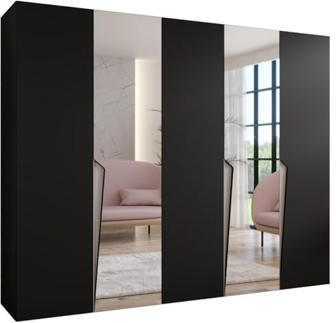MEBLE KRYSPOL - Kleiderschrank - Garderobenschrank - 250 cm x 202 x 52 cm - Schrank mit Kleiderstange und Spiegel, 5 Türen - für Schlafzimmer, Flur - Piano, Schwarz, Griff Kaschmir