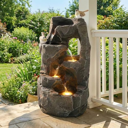 Natur-Zen - Fontana da esterno a LED, 47 cm, per giardino/terrazza/balcone e prato, crea un'oasi tranquilla all'esterno/in grigio pietra, grigio