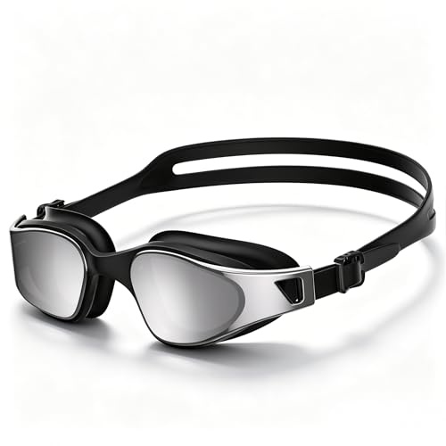 Neusaro Swimming Goggles for Adults, Anti-Fog & Anti-Leak Swim Goggles, UV Protection, Wide Vision Lenses, Adjustable Comfort Strap, Easy Fit Unisex Swim Goggles for Men & Women-BlackwithSilverPlating