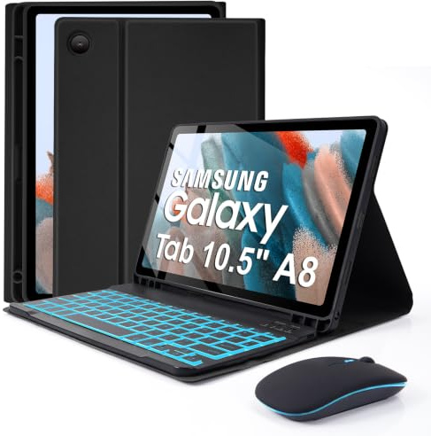 kantaj 10.5'' Backlit Keyboard Case for Samsung Galaxy Tab A8 with Mouse | Wireless Bluetooth Keyboard Case for Galaxy Tab A8 10.5 inch 2022 SM-X200/ X205 /X207, UK Layout, Magnetic Keyboard, Black
