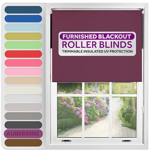 FURNISHED Roller Blinds Thermal Blackout Roller Blind - Trimmable Insulated UV Protection Child Safe Easy Fit Home Office Window Blinds, Aubergine, 240W x 210H cm