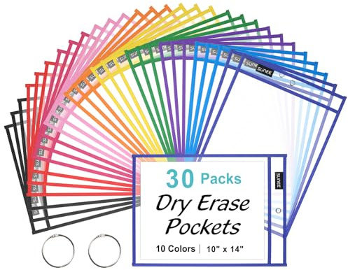 SUNEE Dry Erase Pocket Sleeves Assorted Colors (30 Pack)