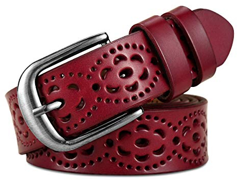 lalafancy Damen Leder Gürtel Echtes Rindsleder Ledergürtel Mode Hohle Blume Design Damengürtel mit Legierung Schnalle für Jeans (Rot)