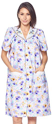 Casual Nights Women's Snap Front House Dress Short Sleeve Woven Housecoat Duster Lounger Robe, Floral Purple, Large