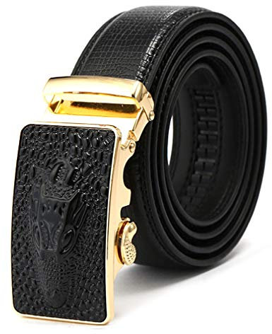 Herren Gürtel Ratsche Automatik Gürtelschnallen Drachekopf,Ledergürtel für Männer Jeansgürtel Business Anzug Canvas (120 CM, Gold)