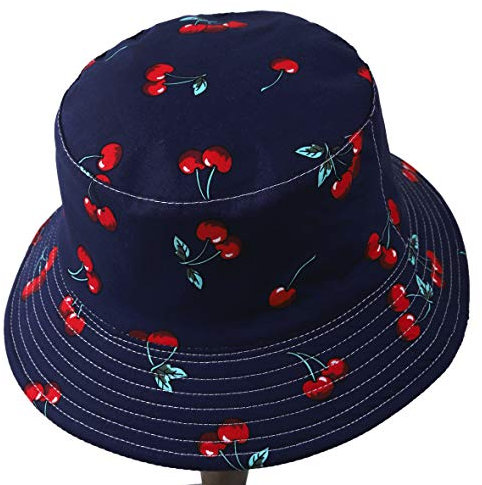 Damen Obst Drucken Reversibel Eimer Hüte Herren Sonne Fischer Draußen Mütze (Kirsche-Marine)