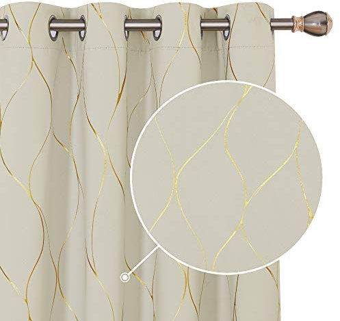 Deconovo Home Decoration Eyelet Room Darkening Curtains, Gold Wave Foil Printed Energy Saving Curtains for Living Room, 52 x 72 Inch (Width x Length), Beige, One Pair