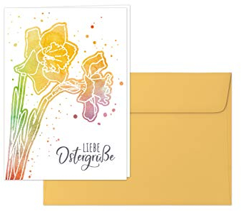 Osterkarte, Grußkarte „Liebe Ostergrüße“ – Klappkarte im Aquarell-Stil, Design: Bunte Narzissen