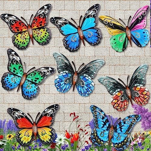 8 Stücke 3D Schmiede Eisen Ausgehöhlt Schmetterling Hängen Metall Schmetterling Dekor, Schmetterling Wandkunst Wandbehang für Balkon Terrasse Wohnzimmer Garten Dekoration