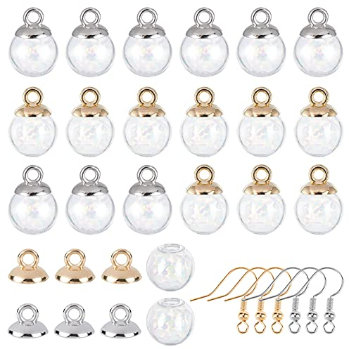 SUNNYCLUE 1 Boîte 20Pcs Mini Vide Verre Clair Globe Bouteille Fiole Souhait Boule de Verre 20Pcs Pendentif en Plastique Boucles d'oreille Crochets Breloques pour Boucle d'oreille, Argent et Or