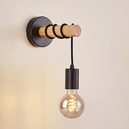 Aplique de Pared Industrial Retro Vintage, Lámpara de Cuerda de Madera E27, Iluminación Metal para Sala de Estar, Habitación, Dormitorio, Cabecera, Escalera, Corredor - Negro