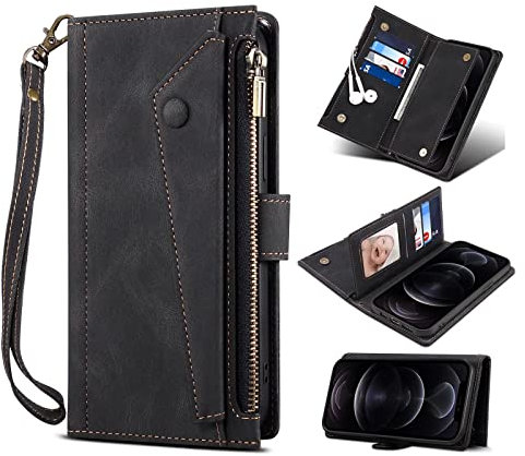 TiHen Compatible avec Étui IPhone XR, PU Cuir Portefeuille Coque avec Carte Fentes, Flip Antichoc Zip Porte Magnétique Support, Dragonne+Verre Trempé*2-Noir