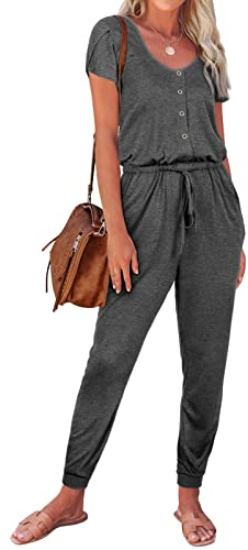 REORIA Women's Summer Casual Jumpsuit Plain Scoop Neck Button Down Bud Sleeve Rompers With Pockets Dark Grey M
