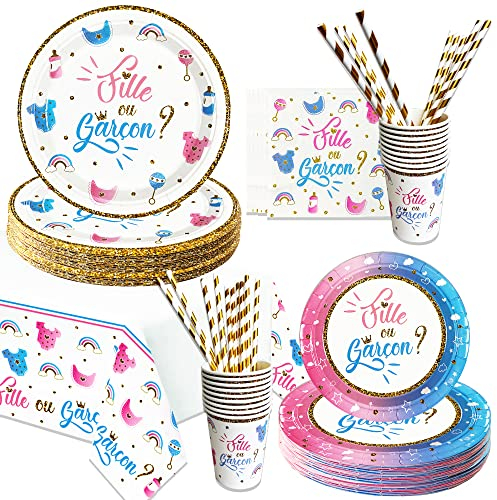 Kit Gender reveal party Gender reveal vaisselle jetable fille ou garcon vaiselle Baby shower fête prénatale Gender reveal assiette jetable Serviette en papier, gobelet jetable,20 invités