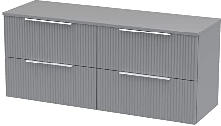 Hudson Reed DFF293W2 Fluted Modern Bathroom Wall Hung 4 Drawer Double Vanity Unit with Colour Matched Worktop, 1200mm, Satin Grey