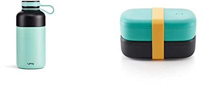 Lékué Botella isotérmica de Acero Inoxidable, Turquesa, 300 ml & LunchBox To Go - Recipiente hermético para transportar y conservar alimentos, Polipropileno, Turquesa, 19.2 x 10 x 11cm