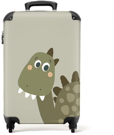 NoBoringSuitcases.com® Kinderkoffer Jungen Handgepäck Koffer Reisetasche mit Rollen Geschenk - Dino - Koffer Grün - Grau - 55x35x20cm